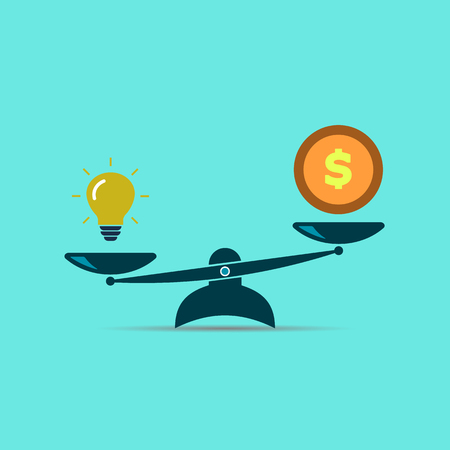 Light bulb idea and money on scales. idea is better than money. vector symbolのイラスト素材