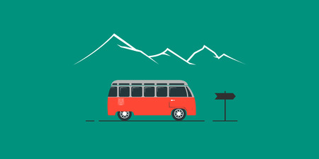 Vector flat poster on theme road trip, adventure, trailering, outdoor recreation, vacation, mountains. Modern flat design. Time to travelのイラスト素材