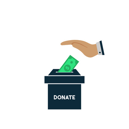 donate money and charity concept hand throws dollar in a box for donationsのイラスト素材