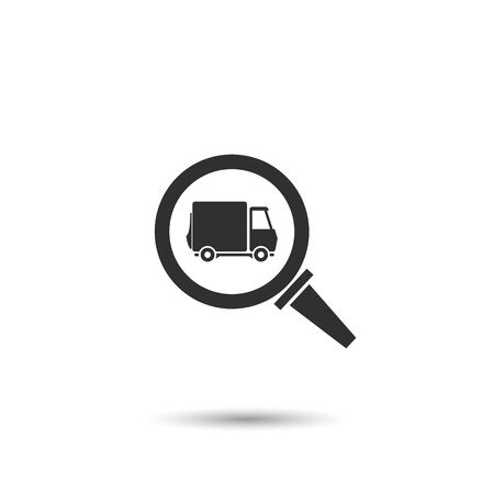 truck in window magnifying glass icon. concept of truck search or delivery serviceのイラスト素材
