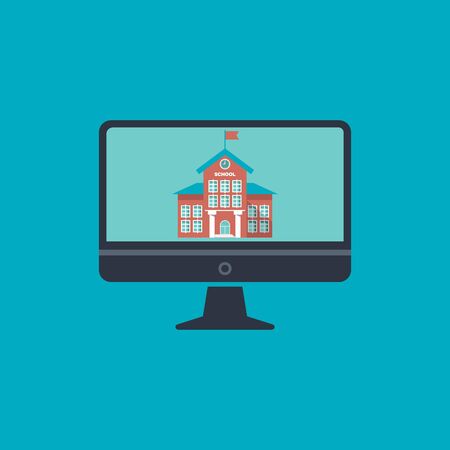 School building with clock and flag flat vector icon for mobile app and web site. concept online school. school building on screen monitor PC EPS10のイラスト素材