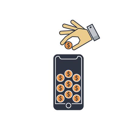 deliver money manually to a mobile phone. hand puts dollar coin in the phone icon. vector symbol EPS10のイラスト素材