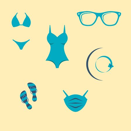 quarantine beach icon set. vector flat symbolsのイラスト素材