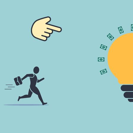hand shows a businessman running away on an idea that will bring a lot of money. vector simple illustration in flat style EPS10のイラスト素材
