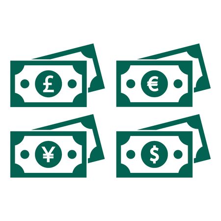 icons of banknotes with images of currencies of different countries: a banknote with a dollar, euro, pound sterling, japanese yenのイラスト素材