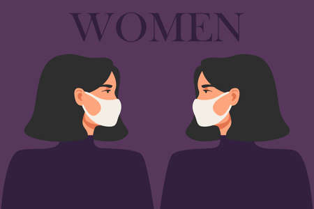 Two identical masked girls look at each other. Vector illustration. Stay Home, Take Care of Yourself. Girls with a face mask. Healthcare conceptのイラスト素材