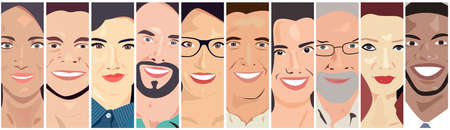 Vector of Diverse Cheerful Peoples Faces. Smiling faces illustrationのイラスト素材
