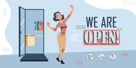We are open again after quarantine. Reopening. Welcome back after pandemic. Small business, cafe, shop, store, salon. Store opened after coronavirus quarantineのイラスト素材