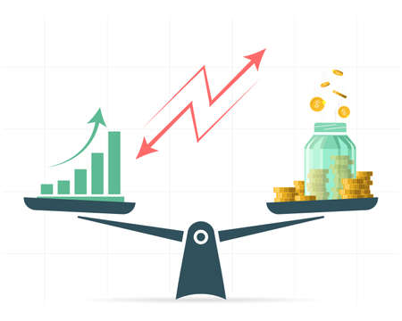 Growing graph and money on scales, balance. vector illustration business conceptのイラスト素材