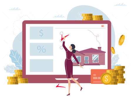 Online shopping. A girl stands near a laptop and buys a house. The concept of buying a house through the Internet. Vector illustration in cartoon modern styleのイラスト素材