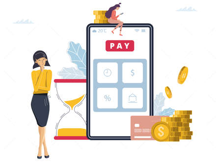 Online shopping. A girl stands near a phone and makes purchases on the Internet. Online shopping concept. Vector illustration in modern styleのイラスト素材