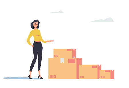 Postal service. Woman and mailboxes. Mail boxes. Advertising of postal services. Vector illustration in a modern style.のイラスト素材