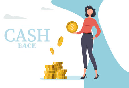 Happy woman with coin dollars, purchase debit, credit card. Online cash back. Banking services. Cash back concept. Saving money conceptのイラスト素材