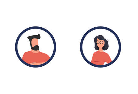communication man and woman. Vector illustration in modern style. Woman and man in two round. Communication conceptのイラスト素材