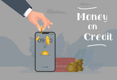 Money on credit. Phone and money with credit card. Hand with money