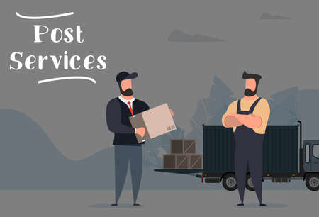 Post services. The recipient received his parcel from the courier. Vector illustration in a modern...