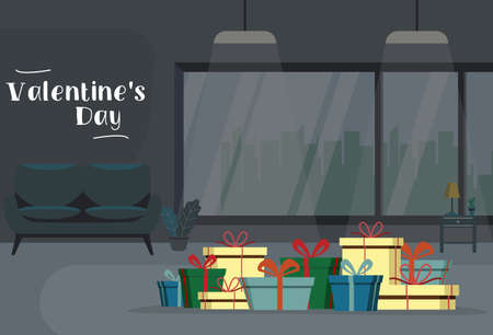 Lots of gifts inside the house. Festive decoration of gifts for Valentine's Day. Holiday surprise gift. Vector illustrationのイラスト素材