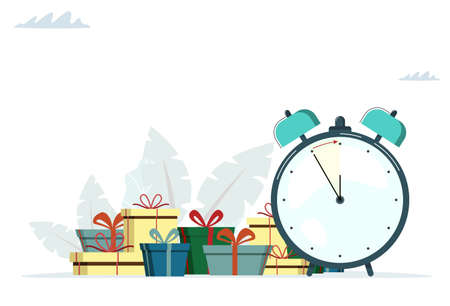 Time for lots gifts. Big clock. Vector illustration in flat designのイラスト素材