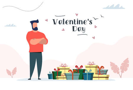 Young man near gift boxes. Valentine's Day. Vector illustration in modern styleのイラスト素材