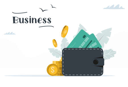 Wallet flat illustration. Gold coins, wallet and credit cards. Vector image in modern styleのイラスト素材