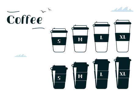 Coffee cup on the size, S, M, L, XL. Vector image set on flat modern style.のイラスト素材