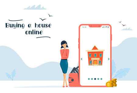 Online sale or rent house. mobile app template. Beautiful woman. Real estate booking app on smartphone screen. vector imageのイラスト素材