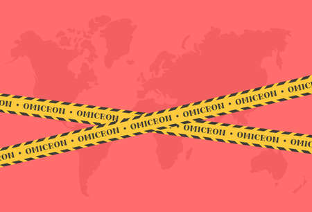 Stop B.1.1.529 Omicron virus. Yellow tape world map. vector illustration imageのイラスト素材