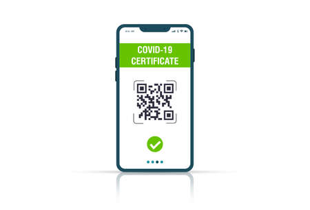 Certificate of vaccination on mobile phone screen with qr-code and pass check mark vaccinated. vector imageのイラスト素材
