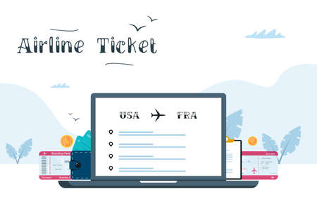 Buying tickets airplane ticket online. Buy ticket on screen laptop online. Vector illustration in modern styleのイラスト素材