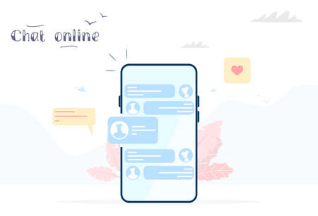 Chat online in mobile smartphone or phone. Communication chat in phone. Messenger on screen phone. Vector image in modern styleのイラスト素材