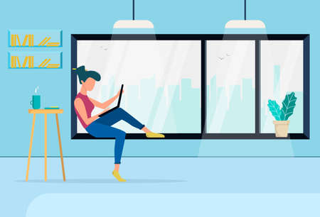 A beautiful girl works in a laptop remotely and sit on the windowsill. Freelance work or remote work. Modern vector illustration in flat styleのイラスト素材