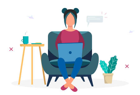 Girl with laptop on the chair. Distancing work. Modern vector illustration in flat styleのイラスト素材