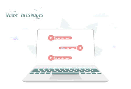 Laptop with voice messages on screen. voice messages. Modern communication messenger. online chat. Social media design concept. Vectorのイラスト素材