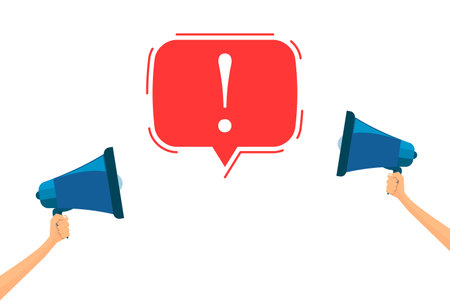 Two person hand holding megaphone with bubble important message. Loudspeaker symbol. vector illustration in cartoon designのイラスト素材