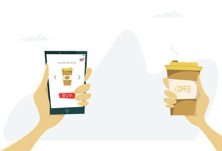 Online coffee order with delivery. buy coffee online. Buying coffee from your phone online is fast. Vector cartoon illustrationのイラスト素材
