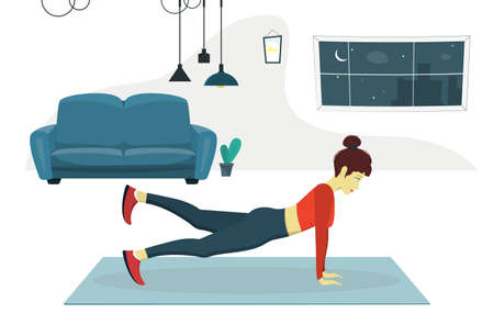 Woman doing fitness in exercise at home. The concept of going in for sports. Beautiful girl is engaged in fitness in plank with leg raise pose. Vector flat cartoon illustration.のイラスト素材