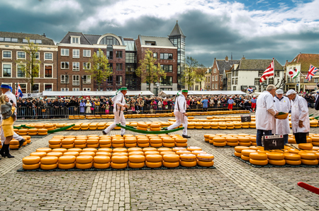 ALKMAAR, THE NETHERLANDS - APRIL 22, 2016: Typical cheese market at the Waagplein in the city of Alkmaar (the Netherlands), one of the only four traditional Dutch cheese markets still in existence and one of the country's most popular tourist attractions.のeditorial素材
