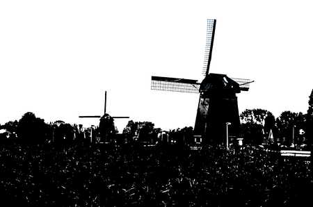 ALKMAAR, THE NETHERLANDS - AUGUST 25, 2013: Black and white silhouette of a traditional Dutch windmills along the quay in Oudorp, Alkmaar (the Netherlands), built between 1627-1630.のeditorial素材
