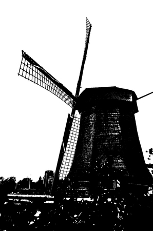 ALKMAAR, THE NETHERLANDS - AUGUST 25, 2013: Black and white silhouette of a traditional Dutch windmills along the quay in Oudorp, Alkmaar (the Netherlands), built between 1627-1630.のeditorial素材