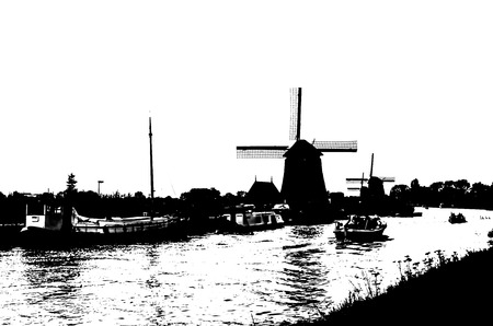 ALKMAAR, THE NETHERLANDS - AUGUST 25, 2013: Black and white silhouette of a traditional Dutch windmills along the quay in Oudorp, Alkmaar (the Netherlands), built between 1627-1630.のeditorial素材