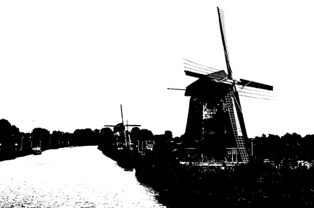 ALKMAAR, THE NETHERLANDS - AUGUST 25, 2013: Black and white silhouette of a traditional Dutch windmills along the quay in Oudorp, Alkmaar (the Netherlands), built between 1627-1630.のeditorial素材