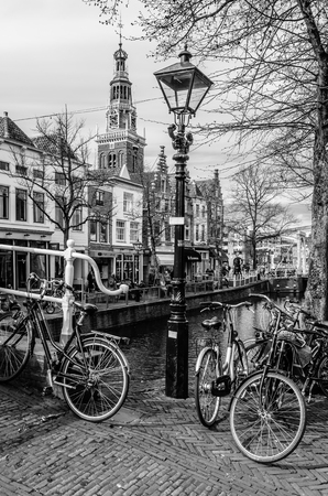 ALKMAAR, THE NETHERLANDS - APRIL 22, 2016: Urban landscape in Alkmaar, the Netherlands, black and white imageのeditorial素材