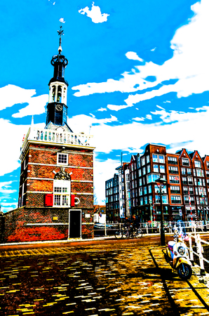 ALKMAAR, THE NETHERLANDS - APRIL 22, 2016: Vibrant colorful illustration of Alkmaar architecture, the Netherlandsのeditorial素材