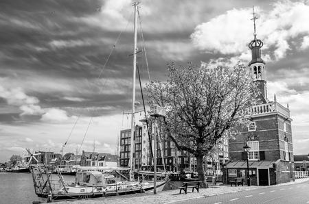 ALKMAAR, THE NETHERLANDS - APRIL 22, 2016: Urban landscape in Alkmaar, the Netherlands, canal view, black and white imageのeditorial素材