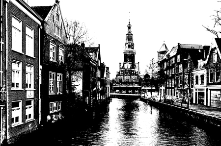 ALKMAAR, THE NETHERLANDS - APRIL 22, 2016: Urban landscape in Alkmaar, the Netherlands, black and white silhouette illustrationのeditorial素材