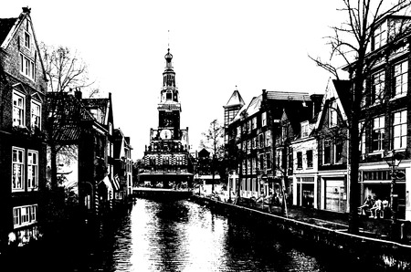 ALKMAAR, THE NETHERLANDS - APRIL 22, 2016: Urban landscape in Alkmaar, the Netherlands, black and white silhouette illustrationのeditorial素材