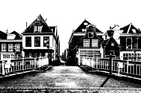 ALKMAAR, THE NETHERLANDS - APRIL 22, 2016: Urban landscape in Alkmaar, the Netherlands, black and white silhouette illustrationのeditorial素材
