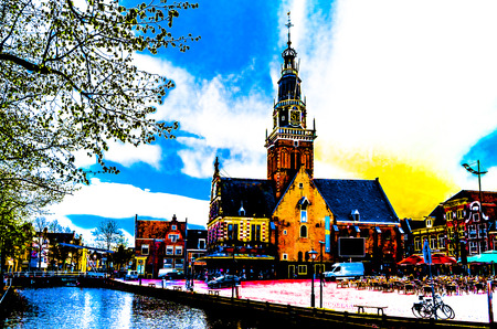 ALKMAAR, THE NETHERLANDS - APRIL 22, 2016: Urban landscape in Alkmaar, the Netherlands, vibrant illustrationのeditorial素材