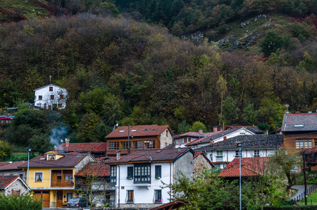 View of Soto de Agues village in Asturias, northern Spain, in autumnのeditorial素材