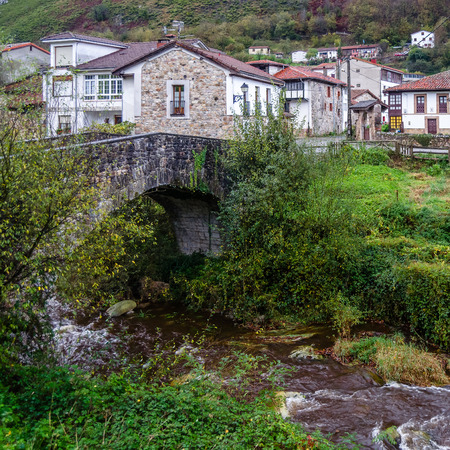 View of Soto de Agues village in Asturias, northern Spain, in autumnの写真素材